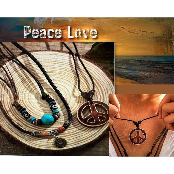 Handmade Boho Cowgirl Hippie Three Cord Peace Turquoise Stone Necklace Set, Gif - Picture 1 of 6